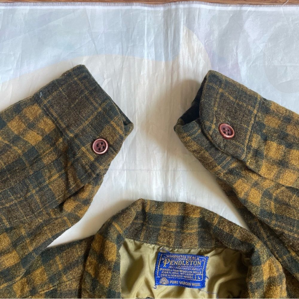 Vintage 60s Pendleton 100% Virgin Wool Plaid Shirt - Mustard/Olive/Brown Men’s L - Picture 10 of 16